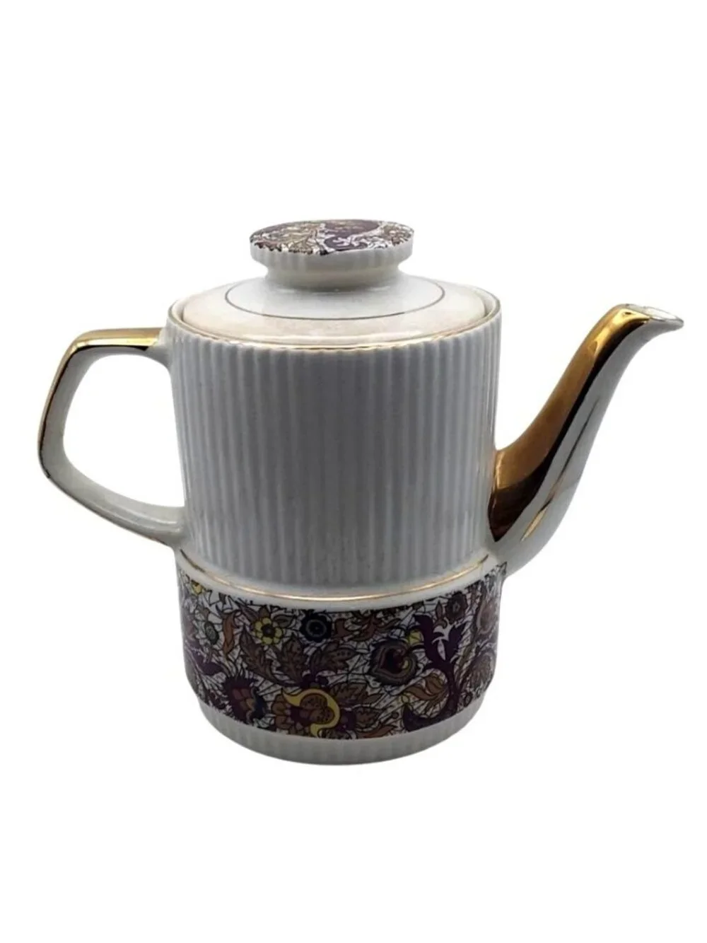 Gibsons Paisley Ironstone Coffee Tea Pot Ribbed Staffordshire England Vintage